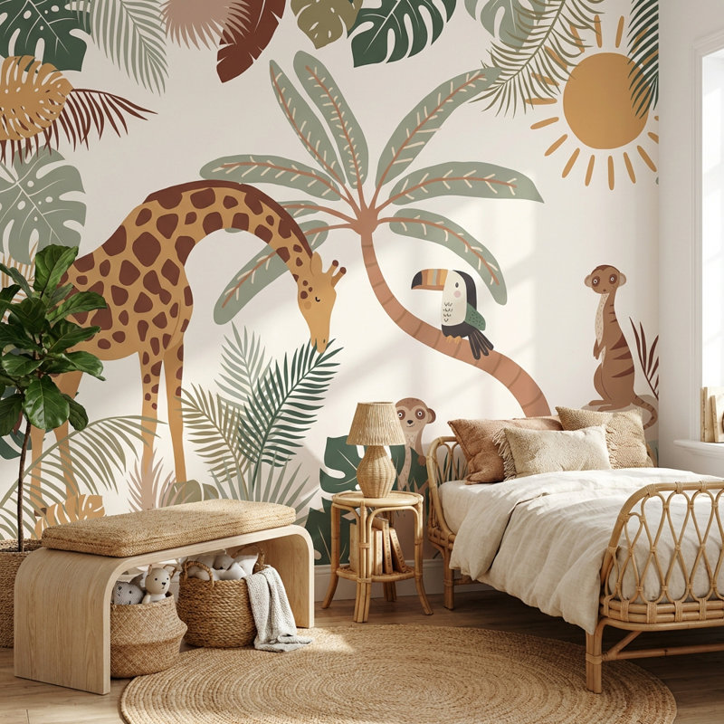 Papier peint tropical Girafe Toucan, 100 po x 96 po, Peler et coller