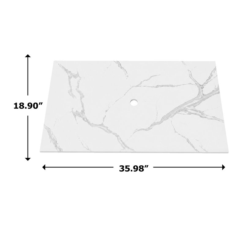 Modern 36" Solid Surface Bathroom Vanity Top for Vessel Sink - White Carrara Design, White Marble