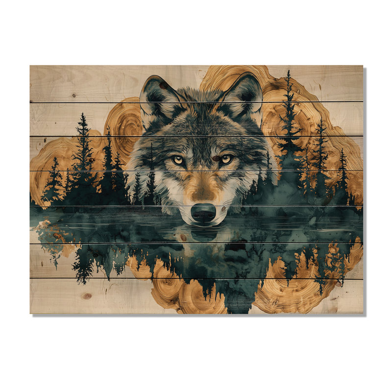 Loup, échos de l'Alpha I - décoration murale animal en bois de loup - sur bois de pin naturel, H 30 po x l 40 po x P 0,78 po