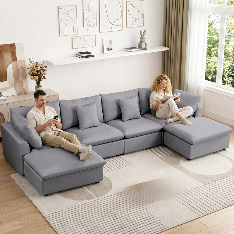 142.8" Modular Sectional Sofa 6 Piece Chenille Deep Seat Cloud Corner Couch With Reversible Ottomans & Pillows, Gray Chenille