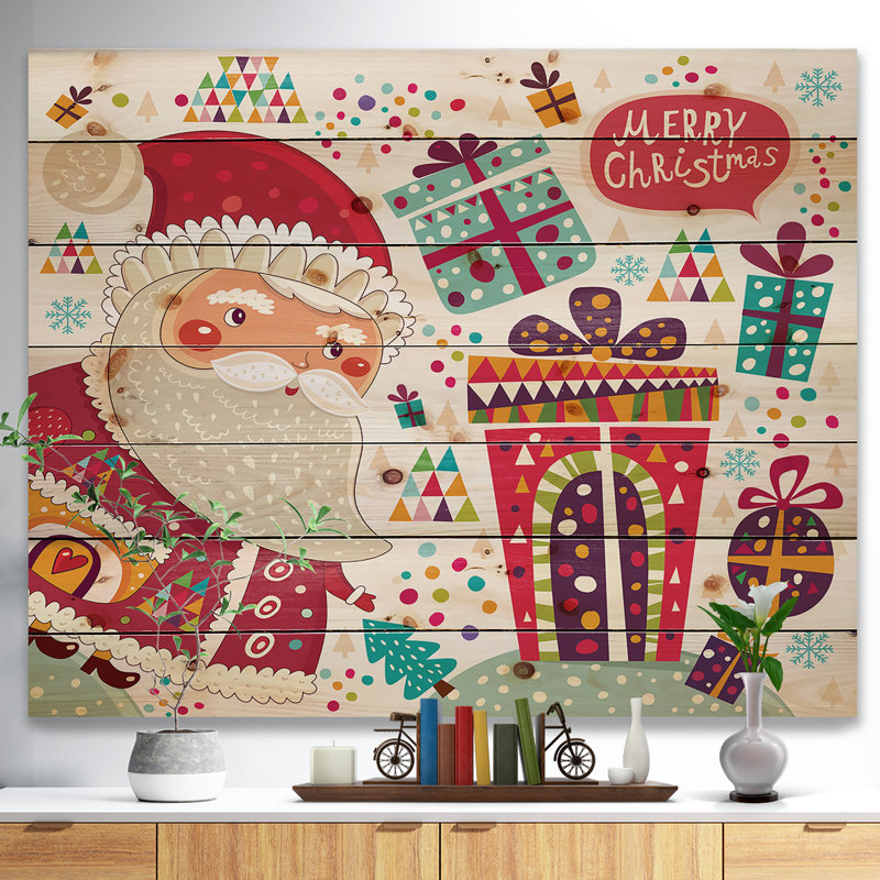 « père noël avec noël cadeaux », peinture, H 36 po x l 46 po x P 0,78 po, Bois