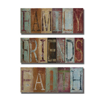 Ensemble de 3 reproductions d’art textuel sur toile tendue, "Family, Friends, & Faith" par Patricia Pinto-3 pièces