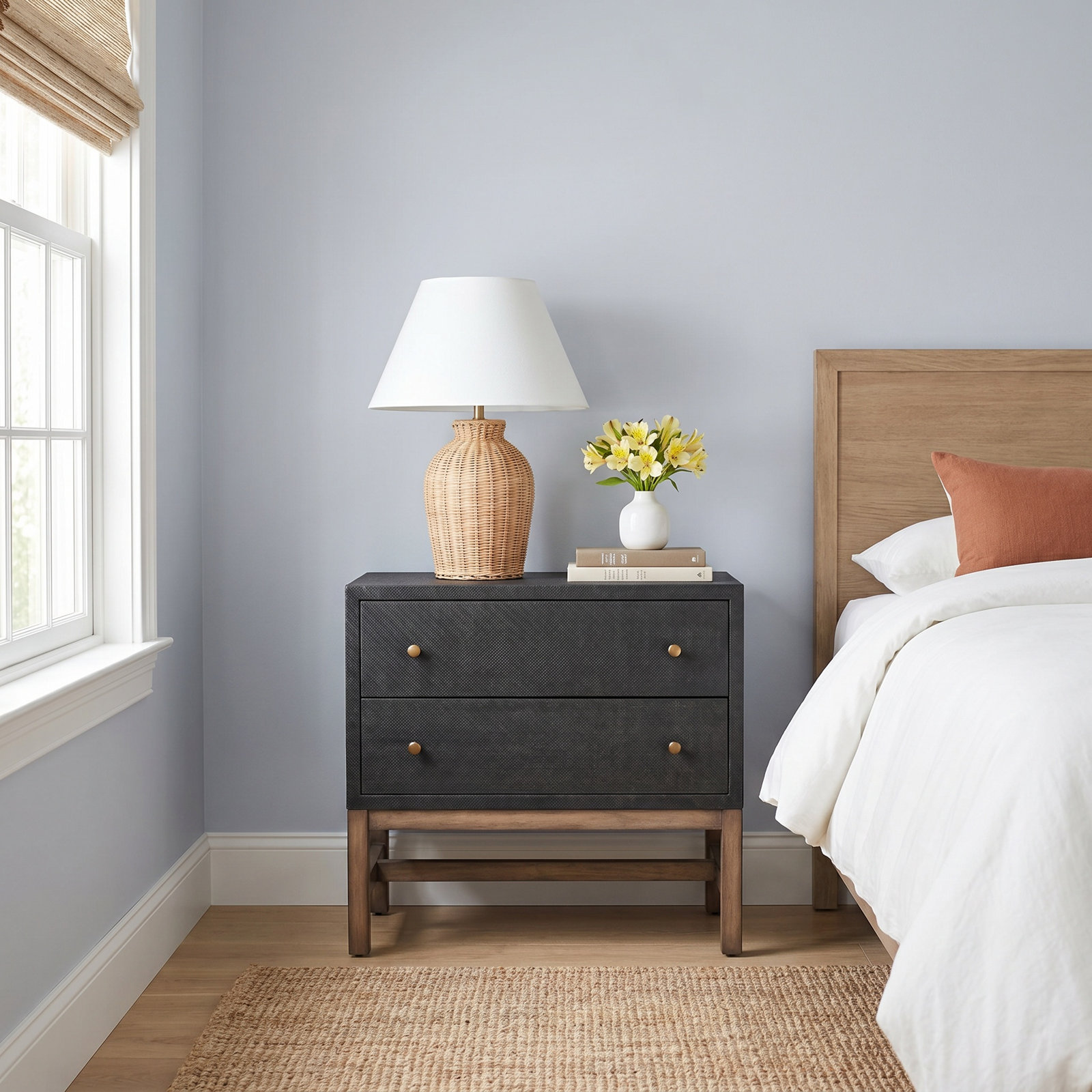 Hakana Raffia Mahogany Nightstand, Black