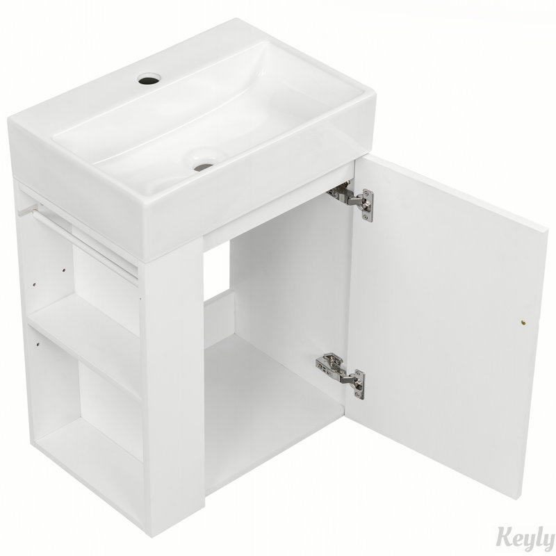 Meuble-lavabo compact de 20 po avec lavabo en céramique, porte à motif de losanges, poignée dorée et tablettes latérales