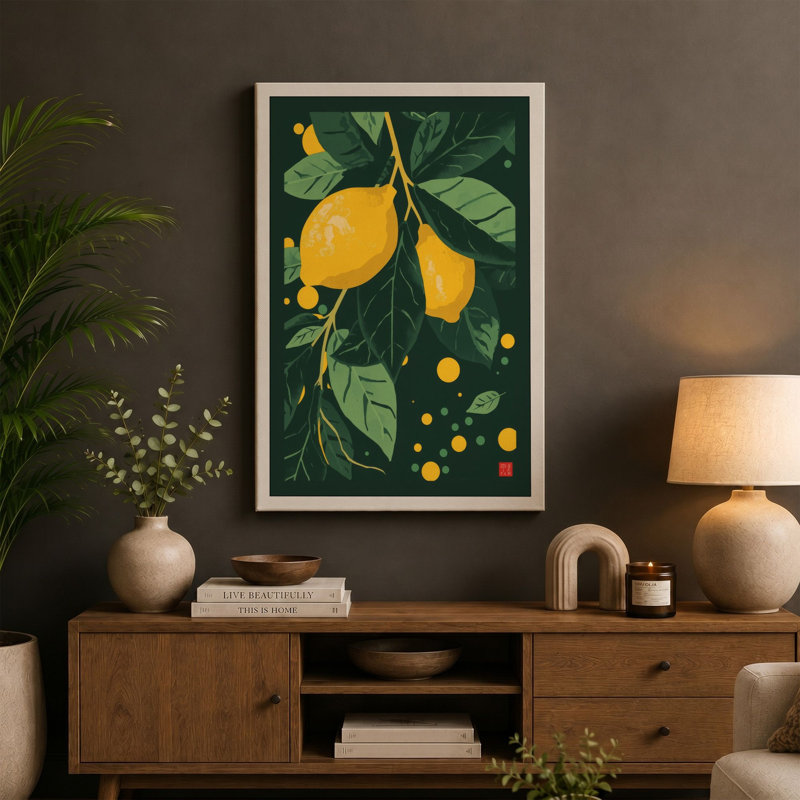 Lemons and Foliage Botanical - Wrapped Canvas, 24x16 - 61.0 x 40.6 cm, Terracotta Border