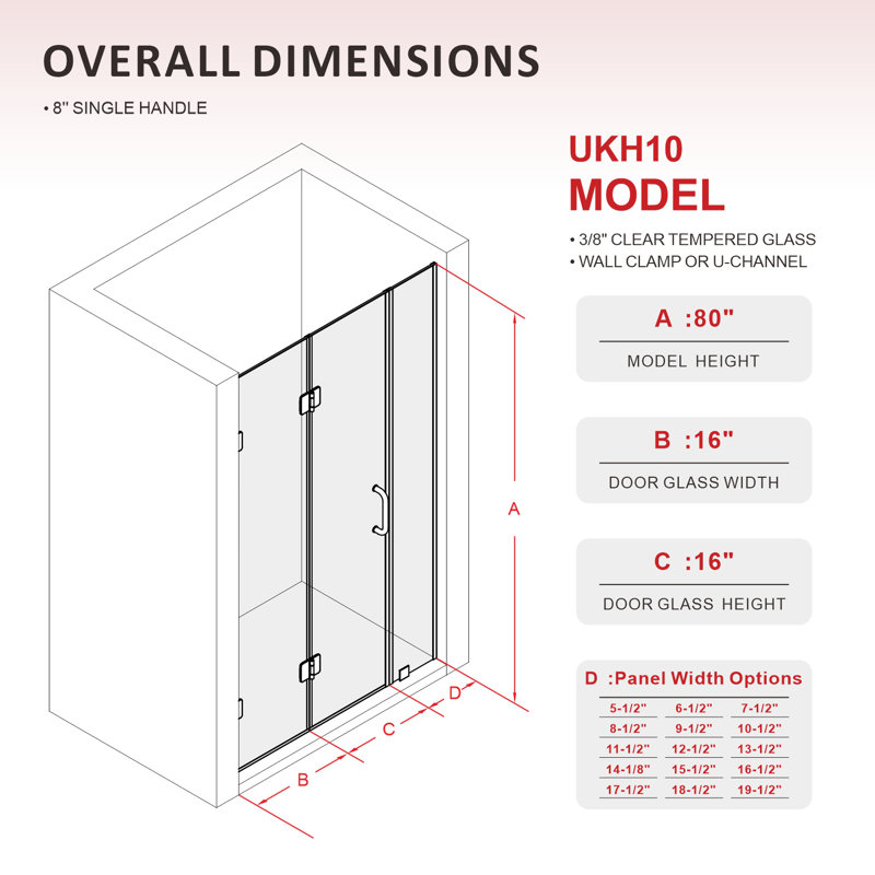 UKH10 59-1/2 in. to 60-3/8 in. W X 80 in. H Frameless BI-Fold Shower Door with U-Chanel and 3/8 in. (10mm) Clear Glass in Brushed Nickel