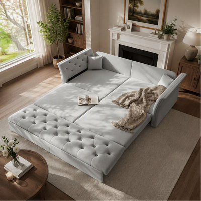 74.4 Inch Queen Pull-Out Sofa Bed, Convertible Sleeper Sofa with Handmade Fabric Flower Tufted Design, Multi-Functional Velvet Loveseat Bed, for Living Room and Bedroom