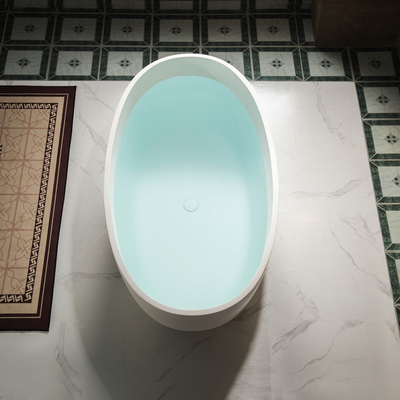 55" Freestanding Soaking Solid Surface Stone Resin Bathtub with Integrated Overflow and Pop-up Drain, Matte White