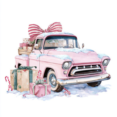 «Pink Truck with Christmas Presents», art mural sur toile tendue