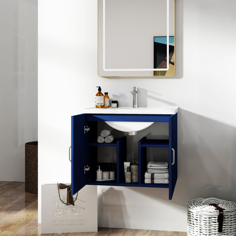 Meuble-lavabo mural 24 po avec lavabo en porcelaine blanche et portes à fermeture douce 24 po