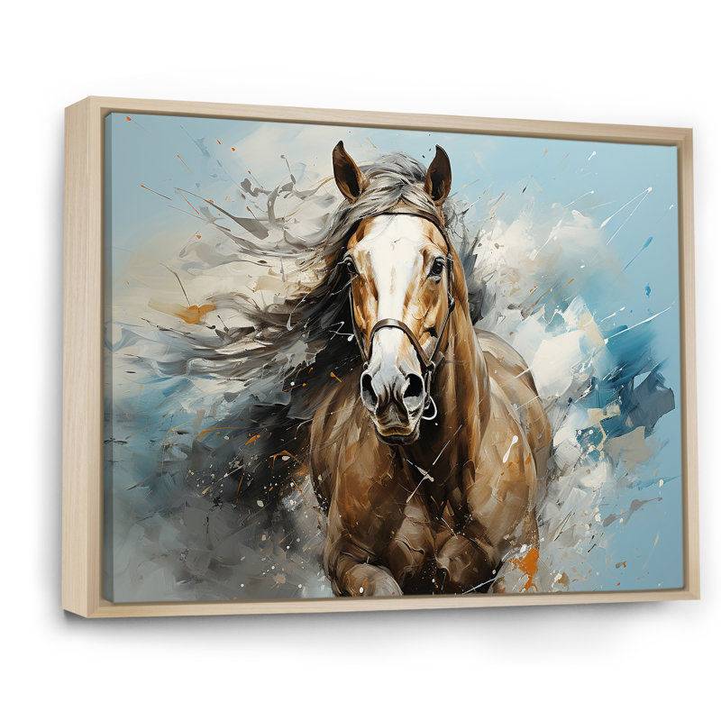 Cheval galopant fantaisiste sur toile, Cadre naturel flottant, H 16 po x l 32 po x P 1 po