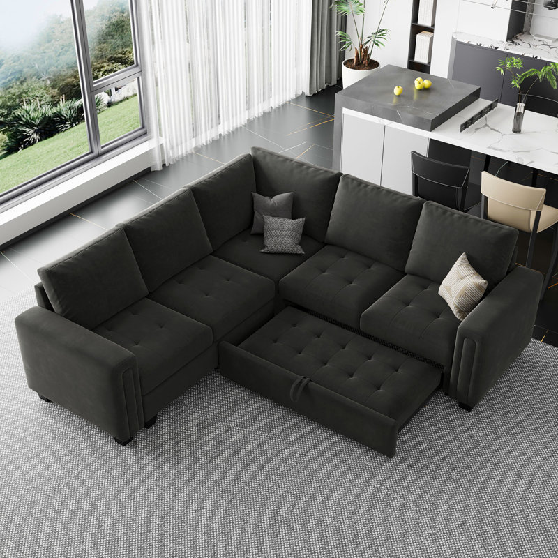 Canapé-lit modulaire en L Shavera, Velours gris velours