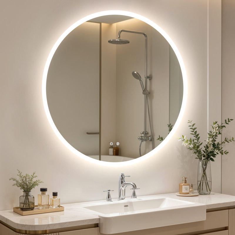 Round Lighted Wall Mounted Bathroom Mirror, 90 cm H x 90 cm W