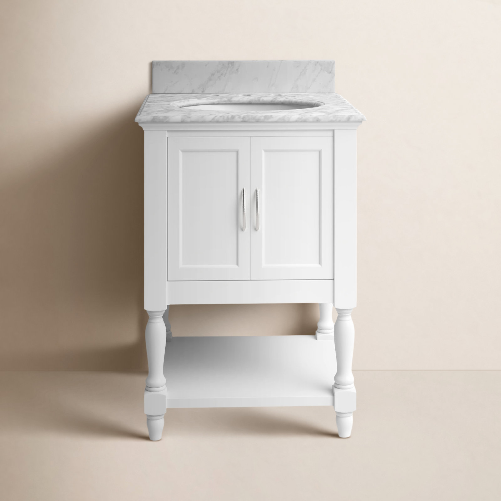 Hampton 24'' Single Bathroom Vanity, White, Carrara Marble