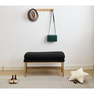 Banc de rangement rembourré en lin noir avec pieds en métal et tablette pour la chambre à coucher, le vestibule, la salle à manger