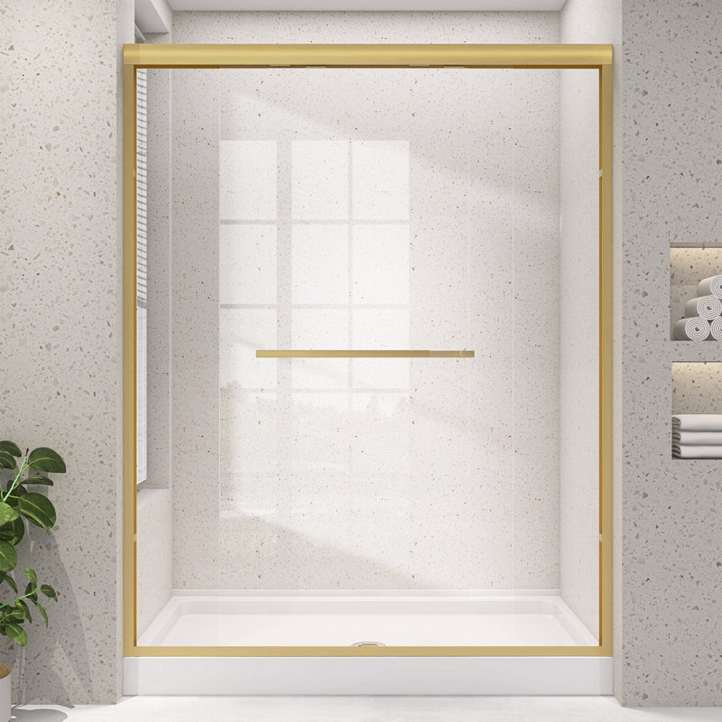 Porte de douche 72 po x 75 po à double porte coulissante semi-sans cadre avec verre brossé doré et Nano antibuée facile à nettoyer pour la salle de bain
