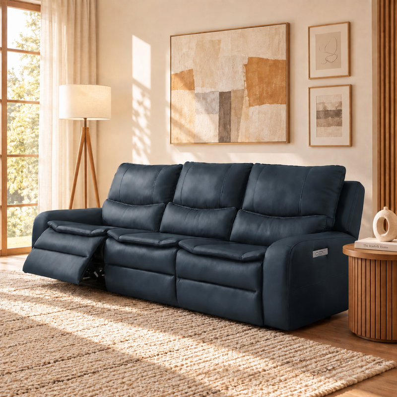 113'' Oversized Dual Motor Faux Leather Power Reclining Sofa Adjustable Headrest with USB and USB-C Ports, Bleu