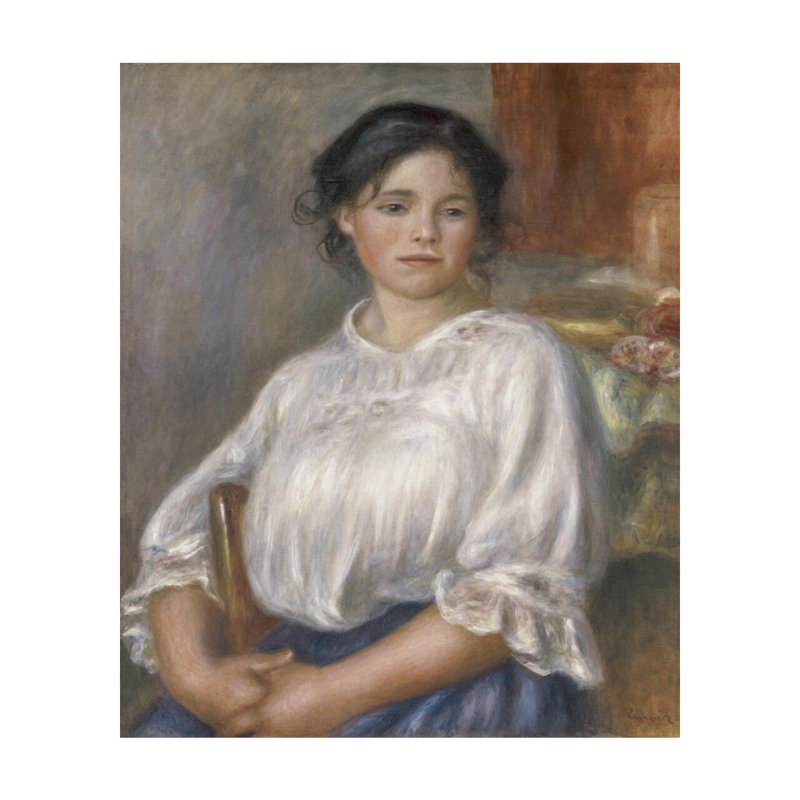 «Young Girl Sitting on a Chair» par Pierre-Auguste Renoir - Impression giclée, H 20 po x l 16 po