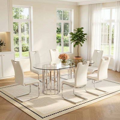 71" Modern Round Dining Table Set for 6, Tempered Glass Dining Table with Metal Pedestal & Faux Leather Chairs