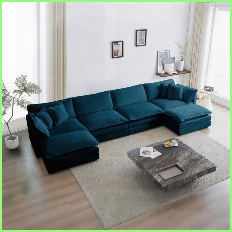 Canapé modulaire moderne en U avec méridienne réversible et amp; Double repose-pieds, chenille bleue pour le salon, Bleu