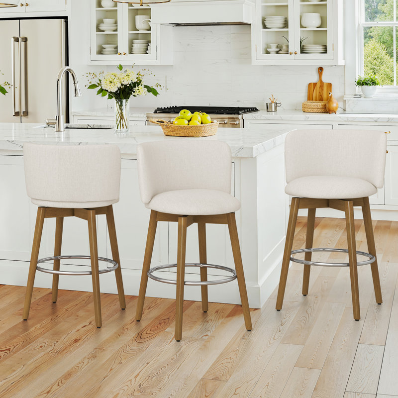 26'' Swivel Bar Stool - Fabric, Beige Fabric Seat/Natural Frame
