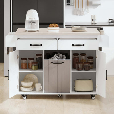 Îlot de cuisine avec rangement inclinable, chariot de cuisine roulant avec abattant, tiroirs, porte-épices et serviettes, tablettes réglables