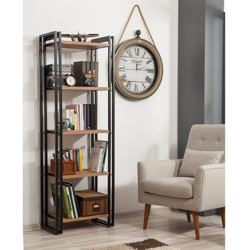 Bibliothèque industrielle avec structure en métal, pin atlantique et finition noire, 23,6 po x 70,9 po x 13,8 po | 100% panneau de particules enduit de mélamine, 0,7 po d'épaisseur | Nombreuses tablettes murales d'une capacité de 77 lb | Solution de rangement élégante