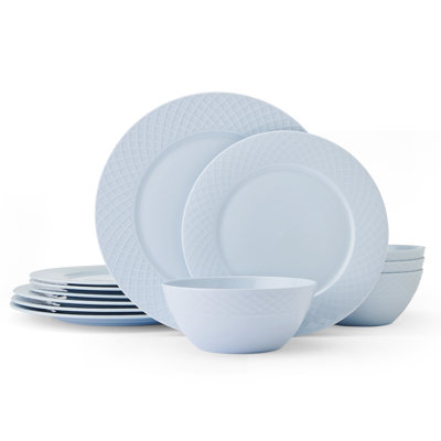 Trellis 12-Pc Bone China Dinnerware Set, Misty Blue, Service For 4