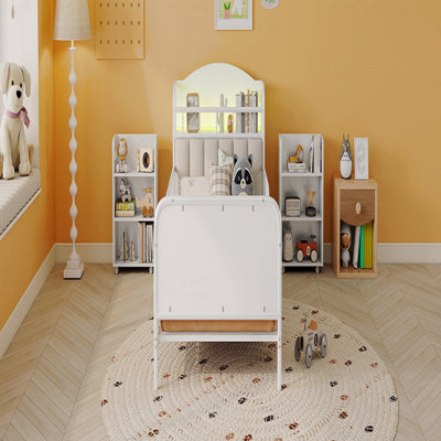 Platform Bed Frame Twin Size Metal With Light, Kids Twin Metal Bed With Upholstered And Pull Out Storage Shelves