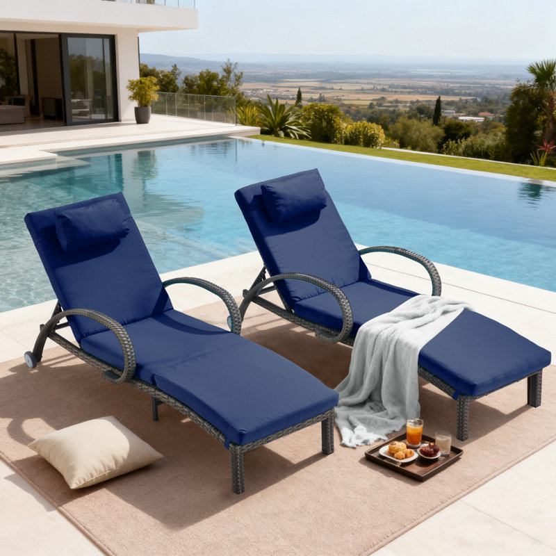 Patio Outdoor Lounge Chairs Set Of 2,Adjustable 5-Position Outdoor Chaise Lounge With Armrests & Wheels For Poolside, Backyard, Deck
