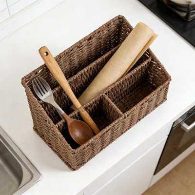 Woven Mail Organizer Basket For Desk, Farmhouse Paper Rope Office Organizer With Metal Frame, Multi-Compartment Storage For Mail, Magazines, Pens, And Office Supplies