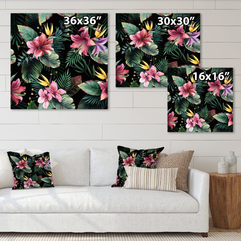 Fleurs tropicales roses sur fond noir - Décoration murale traditionnelle en bois, H 36 po x l 36 po x P 1 po, Toile tendue