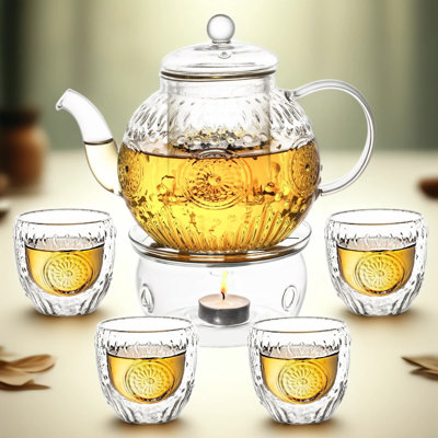 Ensemble de théière en verre rétro avec réchaud, théière en borosilicate 32 oz avec infuseur amovible pour thé en fleurs et feuilles mobiles, coffre-fort pour cuisinière, comprend 4 tasses et chauffe-bougie