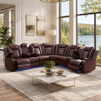 3-Piece Faux Leather Power Reclining Theatre Sectional With LED Lighting And USB Ports
