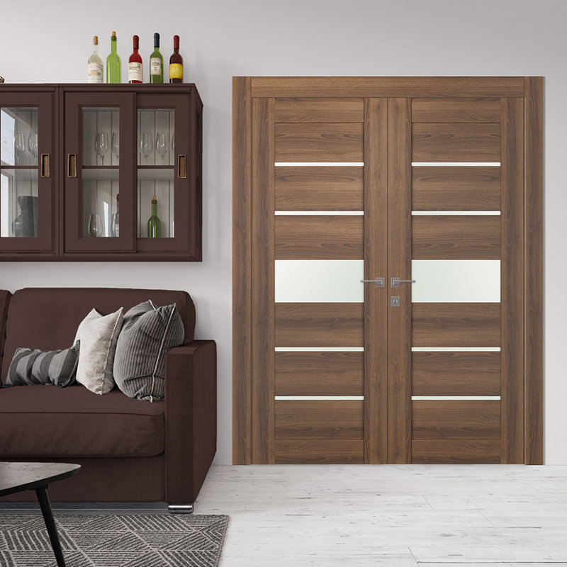 Paneled Manufactured Wood Prefinished French Doors, 63.5" x 83.23", Pecan Nutwood, Reversible