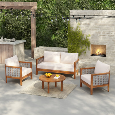 Ensemble de canapé d'extérieur unique à 4 places avec corde tissée, ensemble de meubles de patio en bois d'acacia 4 pièces, sièges profonds avec coussins moelleux pour le porche, le jardin, la cour arrière, le balcon, avec coussin