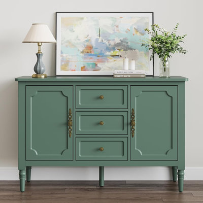 Mid-Century Sideboard Cabinet With 2 Doors, 3 Drawers & Adjustable Shelves, Green