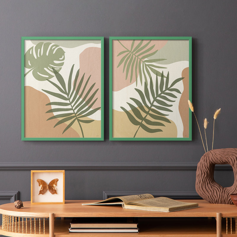 Impression encadrée Mid-Century Palm I-Premium - prête à être accrochée - aucun clou requis - aucun clou requis, Gris