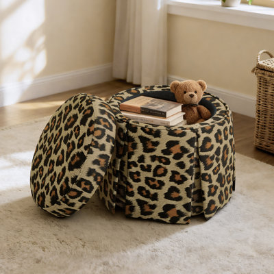 Leopard Round Ottoman With Storage, Acacia Wood Frame Small Coffee Table & Hidden Storage For Living Room Fully Assembled