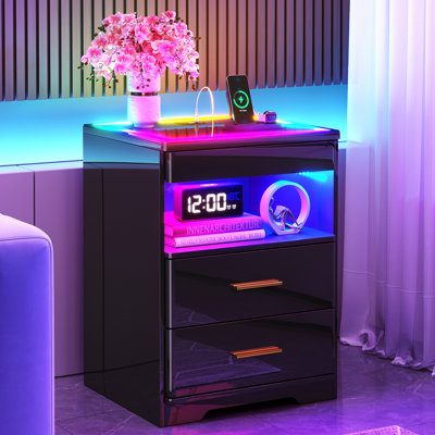 Modern Led Nightstand With App-controlled Rgb Lighting - 3-drawer Bedside Table With Glass Top