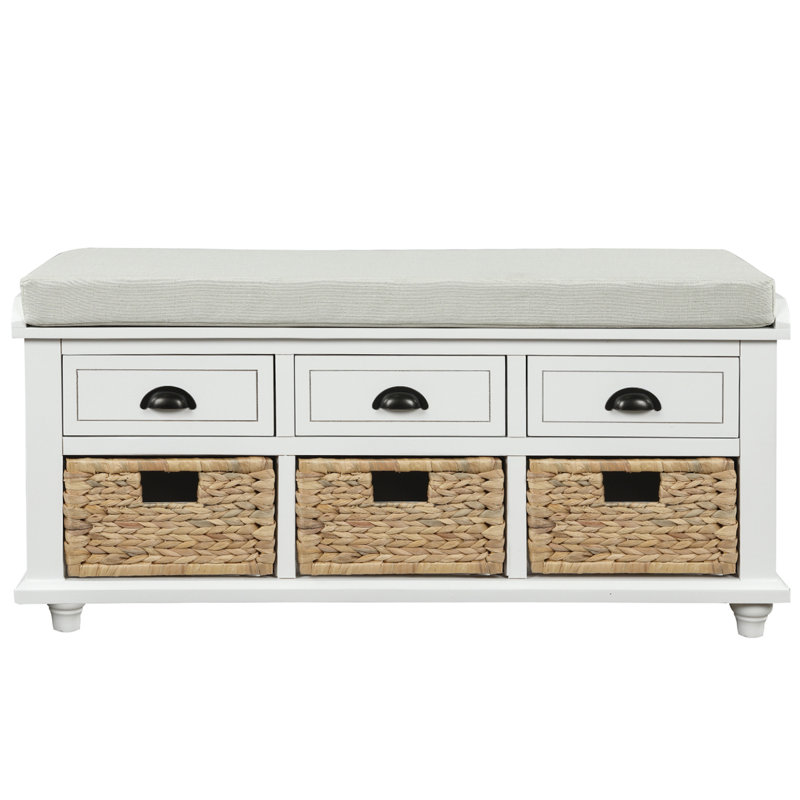 Banc de rangement rustique avec 3 tiroirs et 3 paniers en rotin, banc à chaussures pour le salon, entrée (blanc), Blanc