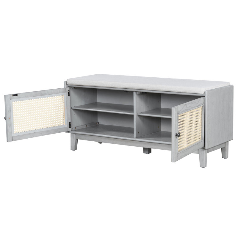 Banc en rotin avec rangement Boho, Gris délavé