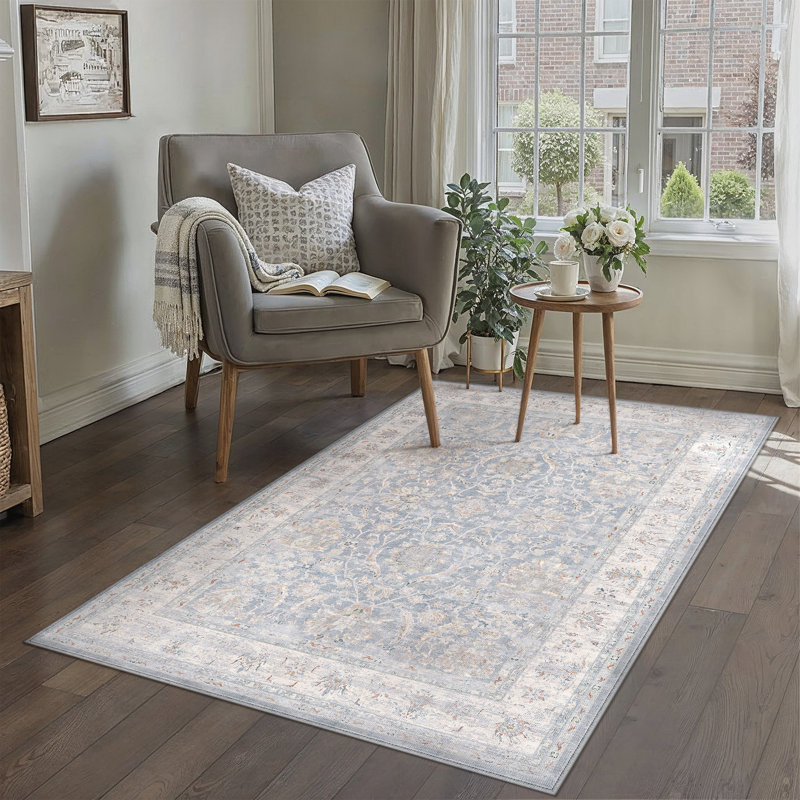 Tapis lavable Quinn Vintage avec envers antidérapant, Bleu, Rectangle 6 pi x 9 pi