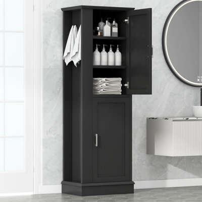 Tall Bathroom Storage Cabinet With Adjustable Shelf And Hook, Freestanding MDF Board Organizer