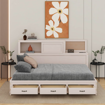 Full Size Wooden Daybed With 3 Storage Drawers, Upper Soft Board, Shelf, And USB Ports