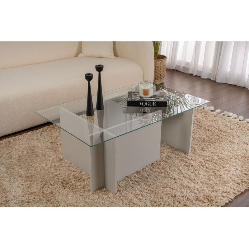 Table basse Chrisina avec plateau 100% verre trempé gris, 41,3 po x 15,7 po x 25,6 po | Structure robuste en panneau de particules enduit 100% mélamine, épaisseur: 0,7 pouce | Design élégant et fonctionnel pour le salon, finition unie élégante