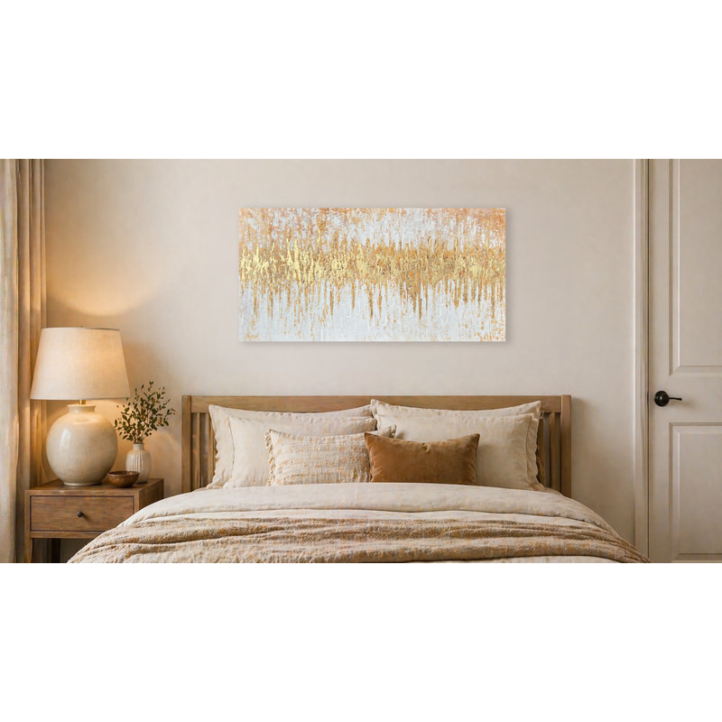 Gold Textured Abstract Canvas Wall Art, Handmade Texture & Foil Effect, Neutral Horizontal Decor, 48" W x 24" H