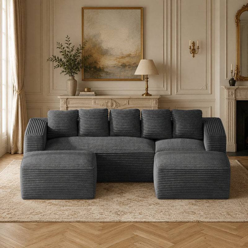 Canapé d'angle modulaire en velours côtelé en forme de U de 105 pouces avec deux poufs, Velours côtelé gris