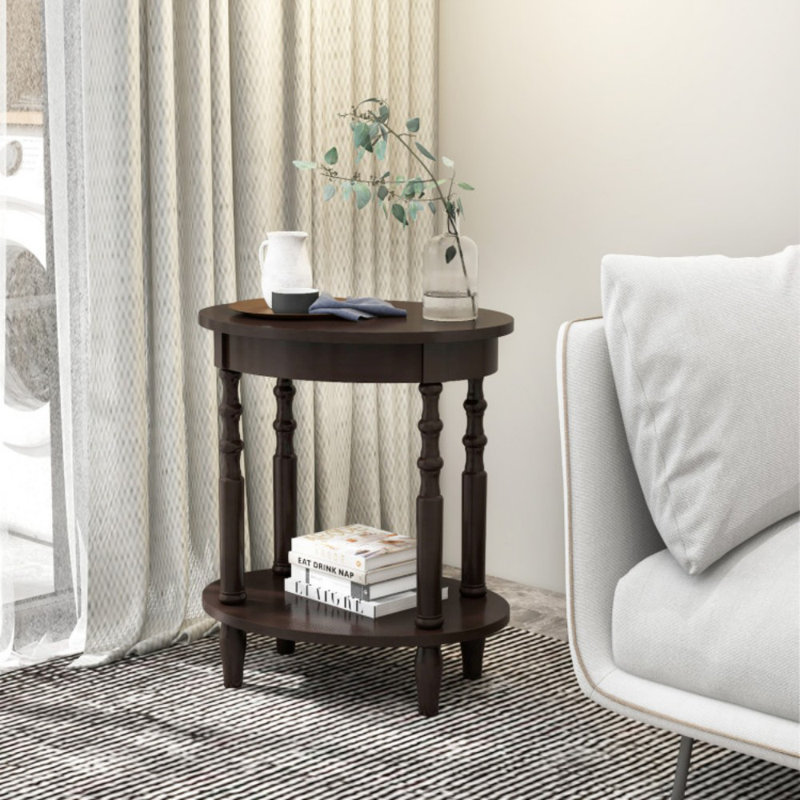 Table d'appoint ovale à 2 niveaux avec tablette de rangement et pieds en bois massif, Espresso