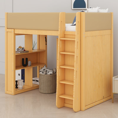 Lit mezzanine avec armoire, tiroirs, étagères et éclairage DEL d'ambiance pour un rangement polyvalent dans la chambre